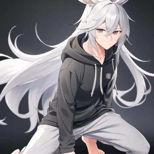 Prompt: Your OC is a little mangled horse, with gentle ash-gray eyes. He has long grey hair. Wearing a white hoodie. He is also wearing grey carpenter pants and also is wearing white flip flops. Masculine anime style. UHD, HD, 4K, highly detailed,