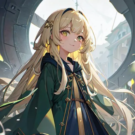 Prompt: (masterpiece, best quality:1.2), illustration, absurdres, highres, extremely detailed, 1 (petite) girl, Navy long hair, golden eyes, eye highlights, (green raincoat), depth of field, (:d:0.8), chromatic aberration abuse, pastel color, Depth of field, facing camera, raining, happy