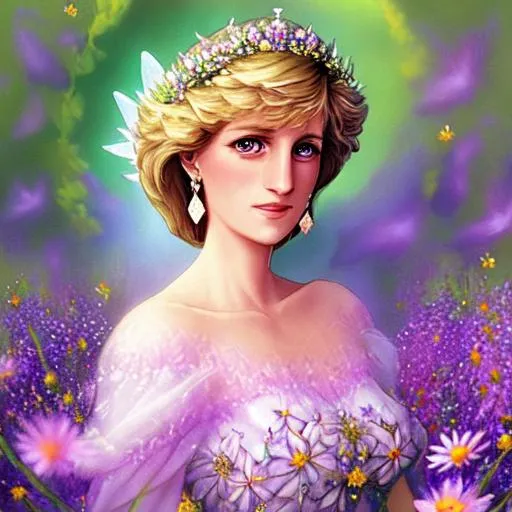 Prompt: Princess Diana as a fairy goddess of wildflowers ethereal,dreamscape, cool colors, closeup