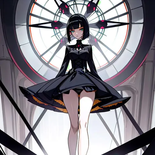 Prompt: a lonely AI girl, very tall, thick thighs, wide hips, long legs, slender arms, slender waist, big beautiful symmetrical eyes, intriguingly beautiful face, aloof expression, bob haircut with bangs, wearing Gothic Horrorpunk fashion clothes, high fashion, 12K resolution, hyper quality, hyper-detailed, hyper-realistic, hyper-professional