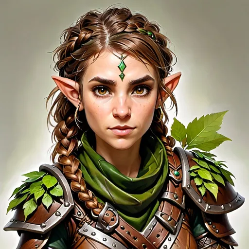 Prompt: druid, female, halfelf, brown eyes, brown hair, braids, adult, leather armor, no jewlery