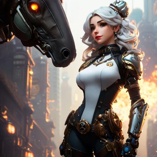 Prompt: steampunk female robot face, face full tank top, full lance boots, white hair, extremely detailed, intricate, intricate, character concept art, by Peter Mohrbacher and Alphonse Mucha, overwatch, weapon, detailed, style, 8k, trending on artstation, unreal engine 4k, steampunk female horse, wendigo, portrait, steampunk armor --w 400 --h 600e, ultra high detail, hyper realistic, realistic concept art. sense of awe and scale, in the art style of Filip Hodas, a grimdark dystopian cyberpunk post-apocalyptic style, --ar 16:8