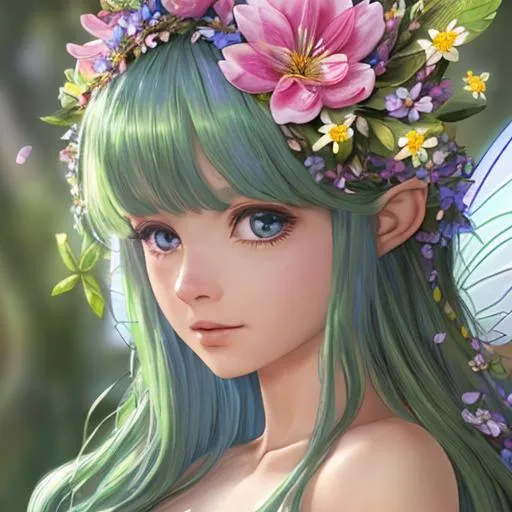 Prompt: A fairy goddess of spring, flower in her hair, closeup