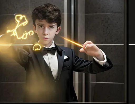 Prompt: 13 year old boy in a tuxedo casts a magic spell with his magic wand on someone else from the outside of a bathroom stall. Only show the outside view of the stall with the boy in the tuxedo with the magic wand and the stall with magic spewing out all over the place because the magic spell was just cast on whoever was inside at the time.