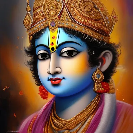 Prompt: Compose a vibrant portrait of Lord Krishna that captures his divine essence, using a rich color palette and intricate detailing to convey his playful and transcendent nature.