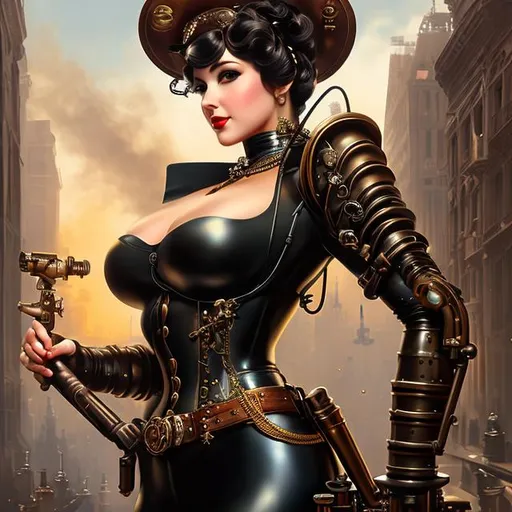 Prompt: Splash art, 1890s pinup style, A complete body form of a stunningly beautiful, Steampunk style humanoid robot, a radio antenna attached to her head, armed with a rifle, Masterpiece, Best Quality,  detailed, realistic, by Todd Lockwood, by Leonardo da Vinci