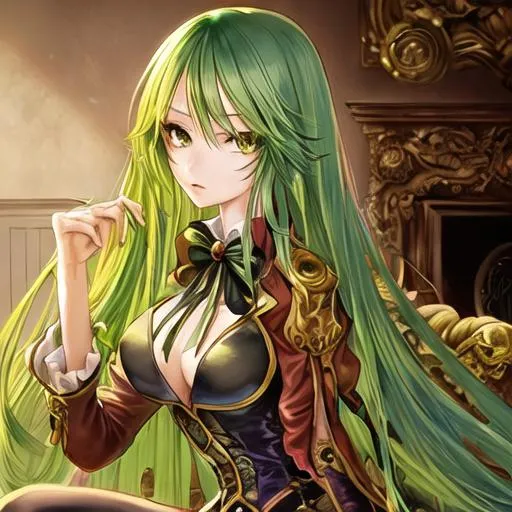 Prompt: Portrait of beautiful anime woman, long green hair, steampunk clothes, hazel eyes, sitting room background  