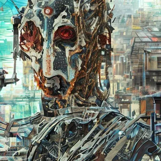 Prompt: A futuristic anime image that takes place during an apocalypse of a old rusted robot that is dead siting on a chair with it’s head tilted down. The robot is siting on a old wooden chair in an old abandoned house. The paint his peeling from the walls and there is a table with a old doll house on top of it.