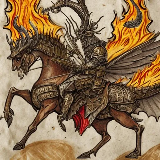 Prompt: Medieval manuscript art style winged stag crown mounted knight themed fights against a fire dragon