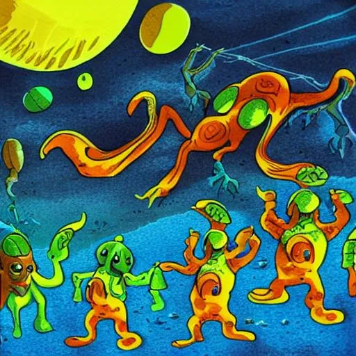 Prompt: DMT aliens invade the beach but are defended off with bananas