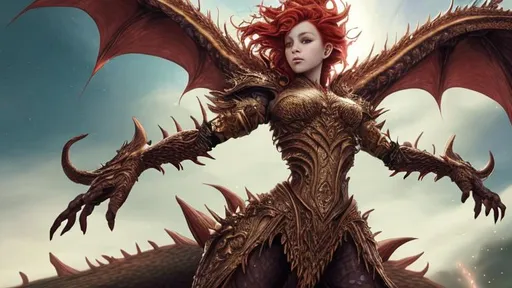 Prompt: fantasy Queen of the Dragons with Red hair and with cute face, Backround: Flying in the sky, fantasy medivel town far away
Full-body detailed masterpiece, fantasy, high-res, quality upscaled image, perfect composition, beautiful detailed pointed ears; subject of this image is a Humanoid dragon, Red and Gold scales, athletic body, humanoid Body, Full Wings, 18k composition, 16k, 2D image, cell shaded, Vibrant color human face surrounded by complex detailed dragon features