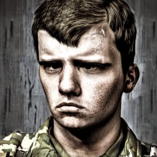 Prompt: wasted soldier with depressive look


