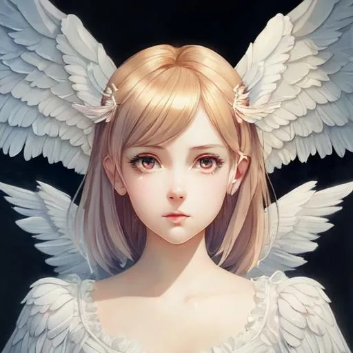 Prompt: beautiful girl, angel, wings, anime Character Portrait, Looking At Camera, Symmetrical, Soft Lighting, Cute Big Circular Reflective Eyes, Pixar Render, Unreal Engine Cinematic Smooth, Intricate Detail, anime Character Design, Unreal Engine, Vintage Photography, Beautiful, Tumblr Aesthetic, Retro Vintage Style, Hd Photography, Hyperrealism, Beautiful Watercolor Painting, Realistic, Detailed, Painting By Olga Shvartsur, Svetlana Novikova, Fine Art, Soft Watercolor