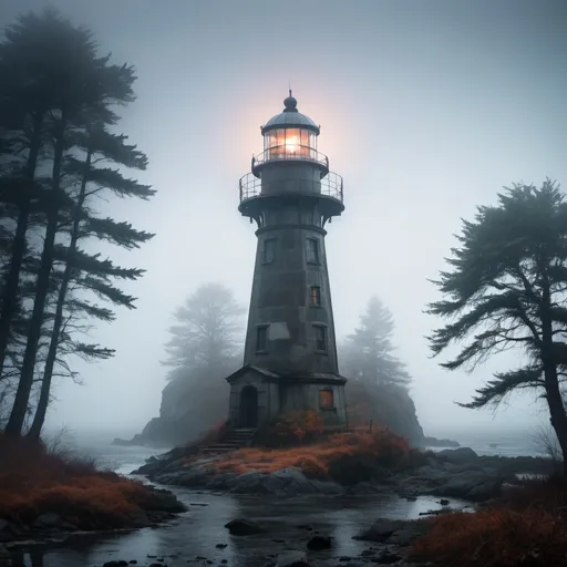 Prompt: A spooky abandoned lighthouse surrounded by trees and rocks, fog, horror, 