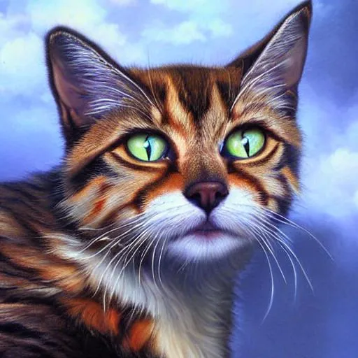 Prompt: Erin hunter warrior cats, warrior cat, feral cat, realistic cat, detailed fur, detailed eye, oil painting, anime, mean, creepy, tall, skinny, mangled fur, looming over viewer, calico cat,