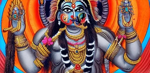 Prompt: Indian god Kali with 12 hands, holding chakra, threshold, kabala, red eyes, dark body,  22 feet hight 
