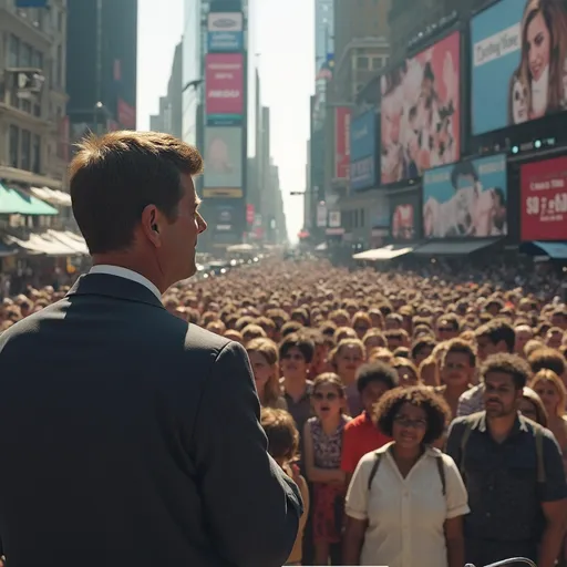 Prompt: John F. Kennedy speaking from a make-shift stage to a modern-day to people in a crowded Times Square in New York City on a sunny summer day in 2025. photorealistic, color