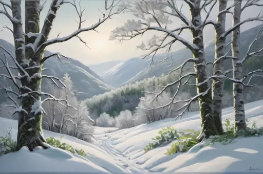 Prompt: Traditional oil painting of Norwegian nature, snow-covered trees, UHD image, Abigale Larson style, green and grey, snowy landscape, detailed tree branches, realistic snow texture, serene atmosphere, high quality, traditional, winter scenery, detailed brushwork, natural tones, peaceful setting, atmospheric lighting