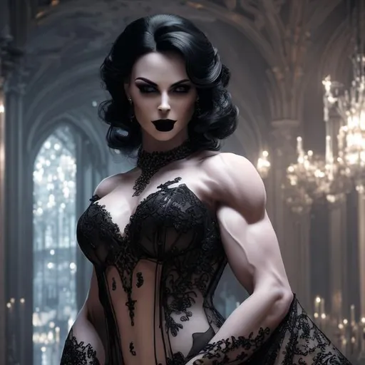 Prompt: {{evening gown, fancy dress, pale skin, black lipstick}}, goth, muscular female, absurdly large muscles, cleavage, hyper realistic, detailed eyes and mouth, perfect anatomy, perfect composition, approaching perfection, shabby lighting, Detailed and Intricate, Detailed Render, 3D Render, Unreal Engine, by Greg Rutkowski, Concept Art