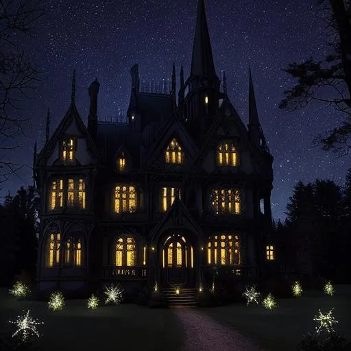 Prompt: Gothic mansion in the forest, with fairy lights, and starry night sky