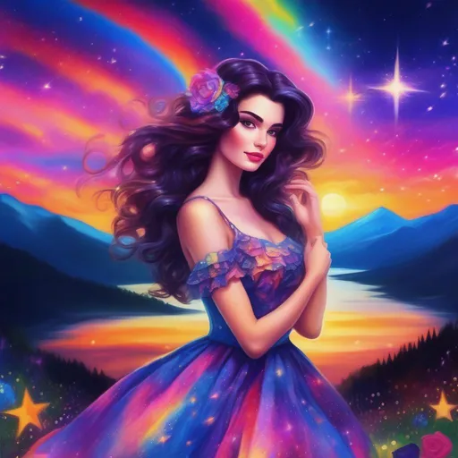 Prompt: A brunette, Persephone in a dress of stars in the style of Lisa Frank. Mountains and sunset in the background. In an impressionist art style. 