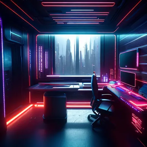 Prompt: futuristic bedroom, cyberpunk style computer on metal desk, architecture, sci-fi, beautiful, geometric shapes, atmospheric lighting, midnight, dark, moonlight shining through window slats, dust, post processing, de-noise, reflections, polyhedral, ultra realistic, unreal engine, clean, modern --ph