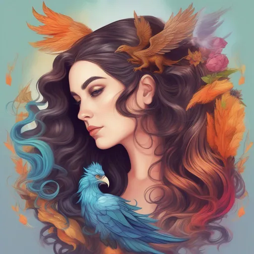 Prompt: A colourful and beautiful Persephone, brunette hair and with her hair being made out of magic, with a Griffin in a painted style