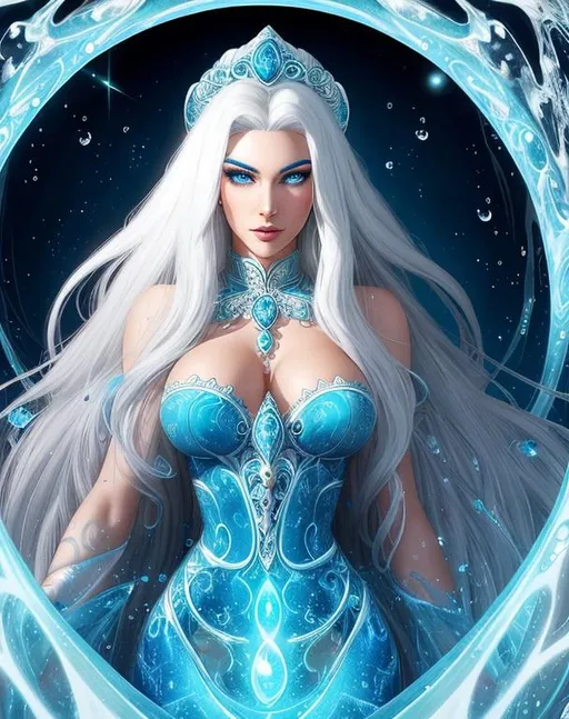 Prompt: A beautiful 15 ft tall 30 year old ((British)) Water elemental Queen with light skin and a beautiful face. She has long white hair  and white eyebrows. She wears a beautiful slim blue dress. She has brightly glowing blue eyes and water droplet shaped pupils. She wears a blue tiara on her head. She has a blue aura around her. She is using blue water magic in battle against a giant monster at the beach. Epic battle scene. Full body art. {{{{high quality art}}}} ((goddess)). Illustration. Concept art. Symmetrical face. Digital. Perfectly drawn. A cool background.