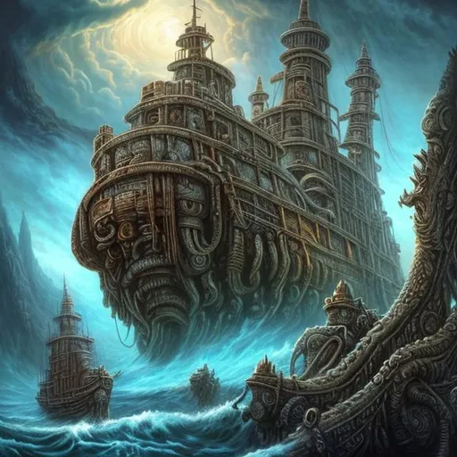 Prompt:  fantasy art style, painting, deep ocean, ancient, Mayan, Aztec, pirates, pirate ship, flags, H. R. Giger, waves, mist, naval ship, utopia, warship, biological mechanical, pipes, warship, snakes, serpents, eels, tentacles, octopus, jellyfish, giant ship, squid, glowing, bioluminescence, bioluminescent 