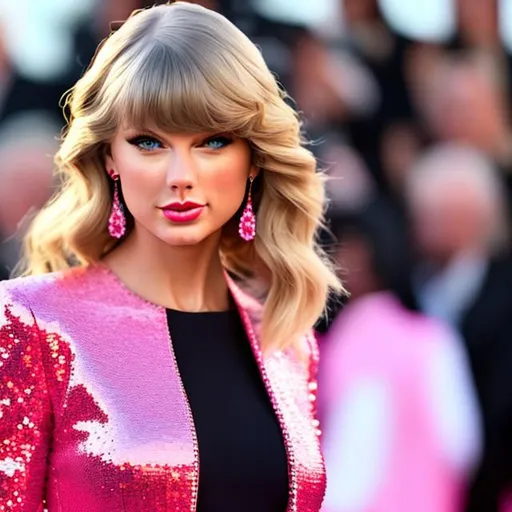 Prompt: Very high quality Taylor Swift wearing a highly accurated Barbie inspired pink Miu Miu perfect Look 