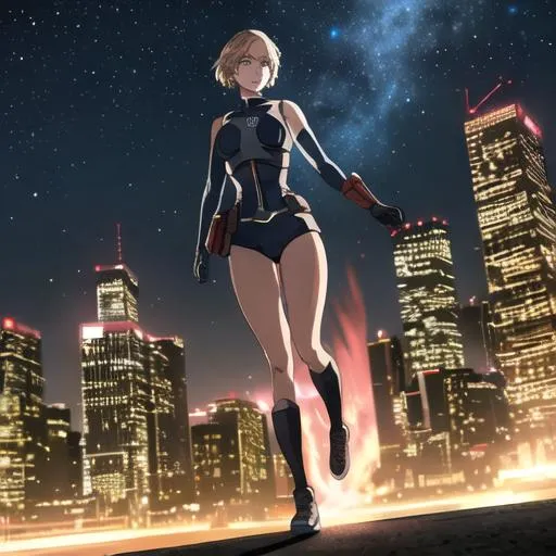 Prompt: Jennifer Lawrence as a superhero, full body, city background, night sky