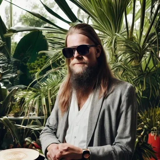 Prompt: Norwegian DJ with long hair and a very long beard. Danish modern house with tropical plants. He is wise and young. Sunglasses. Blazer. A fire place inside. He has a dog.