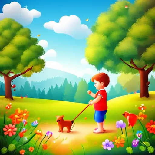 Prompt: adorable european child art with playful nature scene

