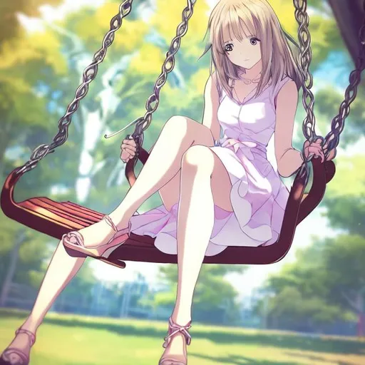 Prompt: a girl on a bench swing anime