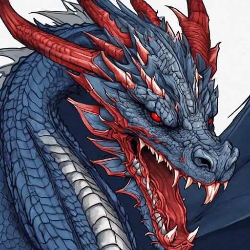 Prompt: Concept design of a dragon. Dragon head portrait. Coloring in the dragon is predominantly dark blue with bright red streaks and details present.