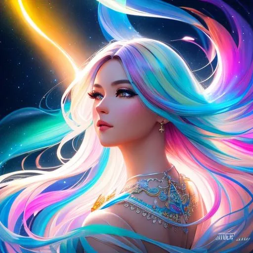 Prompt:  colorful ink illustration, light aura, breeze, morning era, daylight , detailed gorgeous face, dreamy, glowing, backlit, glamour, glimmer, shadows, oil on canvas, brush strokes, smooth, ultra high definition, 16k, unreal engine 5, ultra sharp focus, art by  wlop, artgerm, loish, sf, intricate artwork masterpiece, ominous, young woman with big doe eyes and full lips, bushy wavy hair, matte painting movie poster,  highly detailed, vibrant, production cinematic character render, smiling, backlit, ultra high quality female attractive beautiful face.