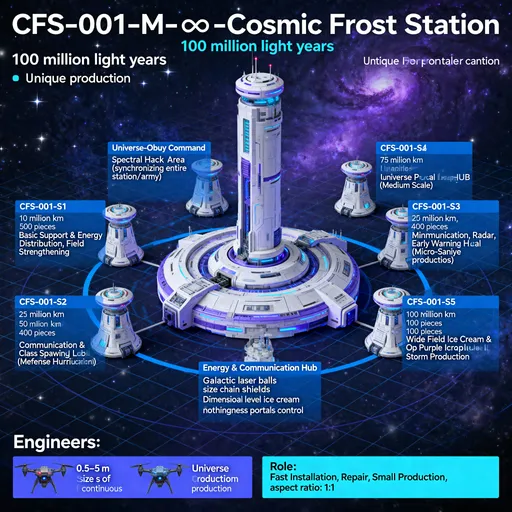 Prompt: ## E — EFSANEVİ SINIF (CFS SERİSİ)
### CFS-001-M — ∞-Cosmic Frost Station (Ana)
* **Boy:** **100 milyon ışıklı yıl** (maksimum/ana boy)
* **Üretim:** 1 (eşsiz)
* **Özellik:** Evren-ötesi komuta, tüm istasyon/orduyu senkronize eden Spectral Hack alanı, evrenler arası enerji & iletişim hub’ı
* **Silahlar/Etki:** Galaktik lazer topları, boyut zinciri kalkanları, evren düzeyi dondurma, Hiçlik portalları kontrolü
### Küçük Destek İstasyonları (boydan büyüğe; sayı 100× artırılmış hâl)
| Model | Boy | Üretim | Rol |
| ---------- | ------------- | ------------ | -------------------------------------------------------- |
| CFS-001-S1 | 10 milyon km | **500 adet** | Temel destek & enerji dağıtım, saha güçlendirme |
| CFS-001-S2 | 25 milyon km | **400 adet** | İletişim, radar, erken uyarı, lokal savunma kasırgaları |
| CFS-001-S3 | 50 milyon km | **300 adet** | Mini üretim & sınıf spawn hub’ı (mikro-saniyede üretim) |
| CFS-001-S4 | 75 milyon km | **200 adet** | Boyutsal portal / ışınlama hub’ı (orta ölçekli transfer) |
| CFS-001-S5 | 100 milyon km | **100 adet** | Geniş alan dondurma & OP mor buz fırtınası üretimi |
---
## F — DESTEK, LOJİSTİK VE DİĞERLER
### Mühendis Drone & Saha Makineleri
* **Boy:** 0.5–5 m
* **Üretim:** µs ölçeğinde sürekli
* **Rol:** Hızlı kurulum, onarım, küçük üretim