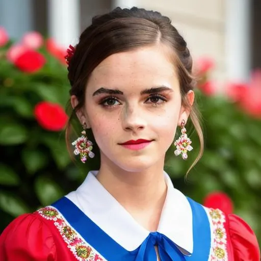 Prompt: Emma Watson, ultra face detail, blue eyes, Ukrainian traditional clothes style, vyshyvanka, cleavage, big chest, flowers numb headset, Ukrainian village house, red lipstick , incredible face detail, 4k, RTX, Sun light. 