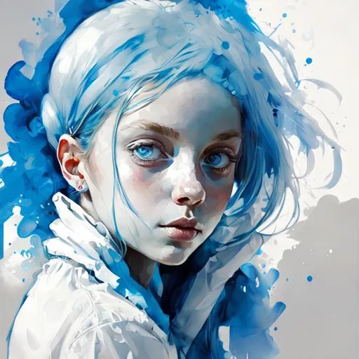 Prompt: Girl sitting with white flowy clothing and blue hair, big eyes, and ginormous  bazongas