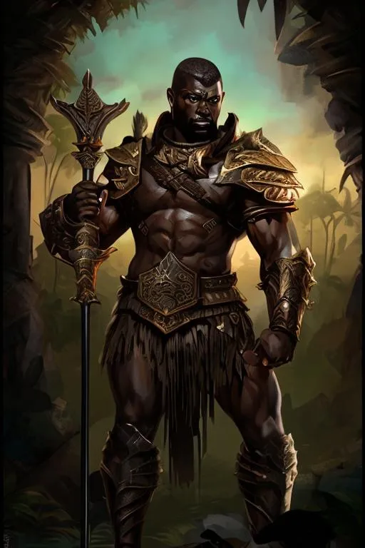Prompt: Tall  very muscled short haired mature black ebony skinned  African  Gladiator holding a  spear , heroic fantasy, antic jungle background  