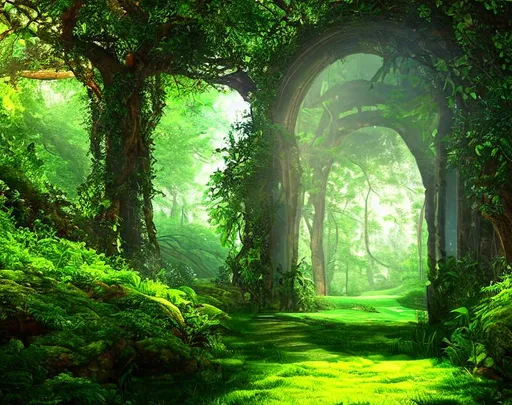 Prompt: (masterpiece) (landscape) lush verdant, open glowing extra-dimensional portal door set   between two trees, digital art, highly detailed, lovely, soft