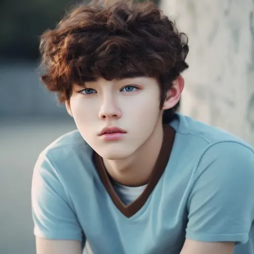 Prompt: Handsome 17 year old Korean boy with brown medium curly hair and Icy blue eyes  .He is 6 ft tall