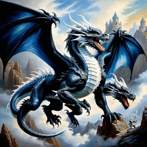 Prompt: many Dragon riders Chivalric Knights in realistic oil painting, flying through the sky in combat with each other, majestic white dragons with vibrant white scales and fur, white ethereal wings, flowing white hair, fierce expression, mythical landscapes, high fantasy, Dragon riders Chivalric Knights in realistic oil painting, flying through the sky in combat, majestic Black dragons with vibrant  dark blue metallic scales, dark ethereal wings, flowing, fierce expression, mythical landscapes, high fantasy, oil painting, vibrant colors, epic scale, detailed armor, stunning face, atmospheric lighting, professional, highres, fantasy, oil painting, dragon rider's Knights, flying, majestic, Dragon's face is bearded, ethereal, fierce expression, pale colors, high fantasy