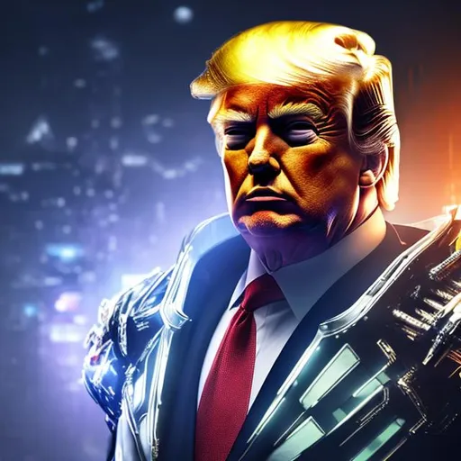 Prompt: donald trump, wearing futuristic armor, light up suit, cyberpunk, utral high detail, lighting, shaders