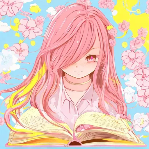 Prompt: an anime illustration of a beautiful girl with pink hair at the front and yellow hair at the back reading a pink book 