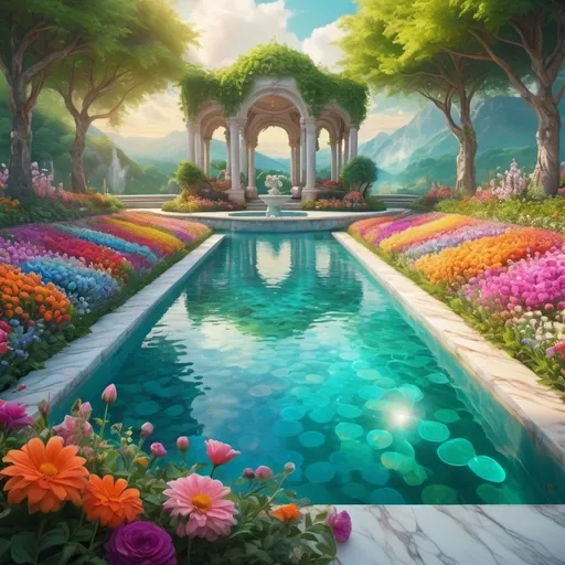 Prompt: flower field with marble luxurious pool placed quirk surrealistic painting