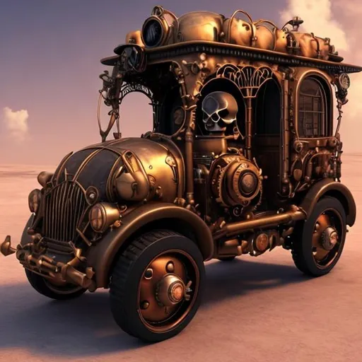 Prompt: a vehicle with a skull like front and a heart shaped back and in steampunk style