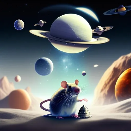 Prompt: mouse rodent in starry space with moon planets ufo ship