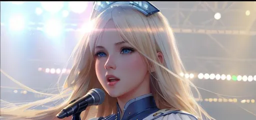 Prompt: A white girl with blonde hair and blue eyes,  singing on a stage with bright lights in front of a big audience, perfect features, extremely detailed, realistic. Krenz Cushart + loish +gaston bussiere +craig mullins, j. c. leyendecker +Artgerm. 