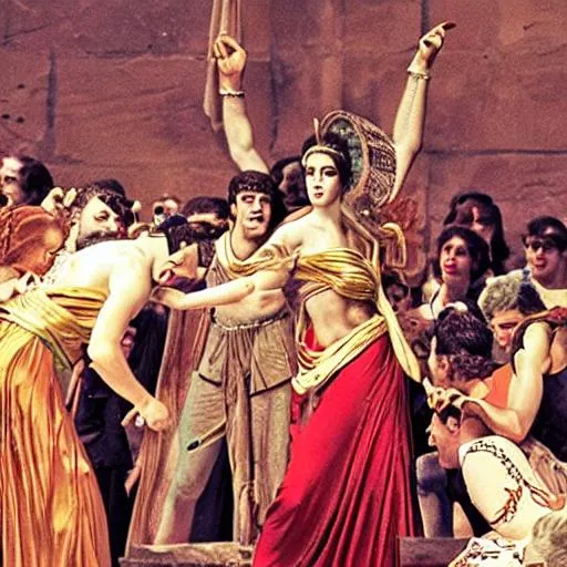 Prompt: A crowded concert in ancient Greece, A woman and a man fall in love at first sight, Fun and pompous